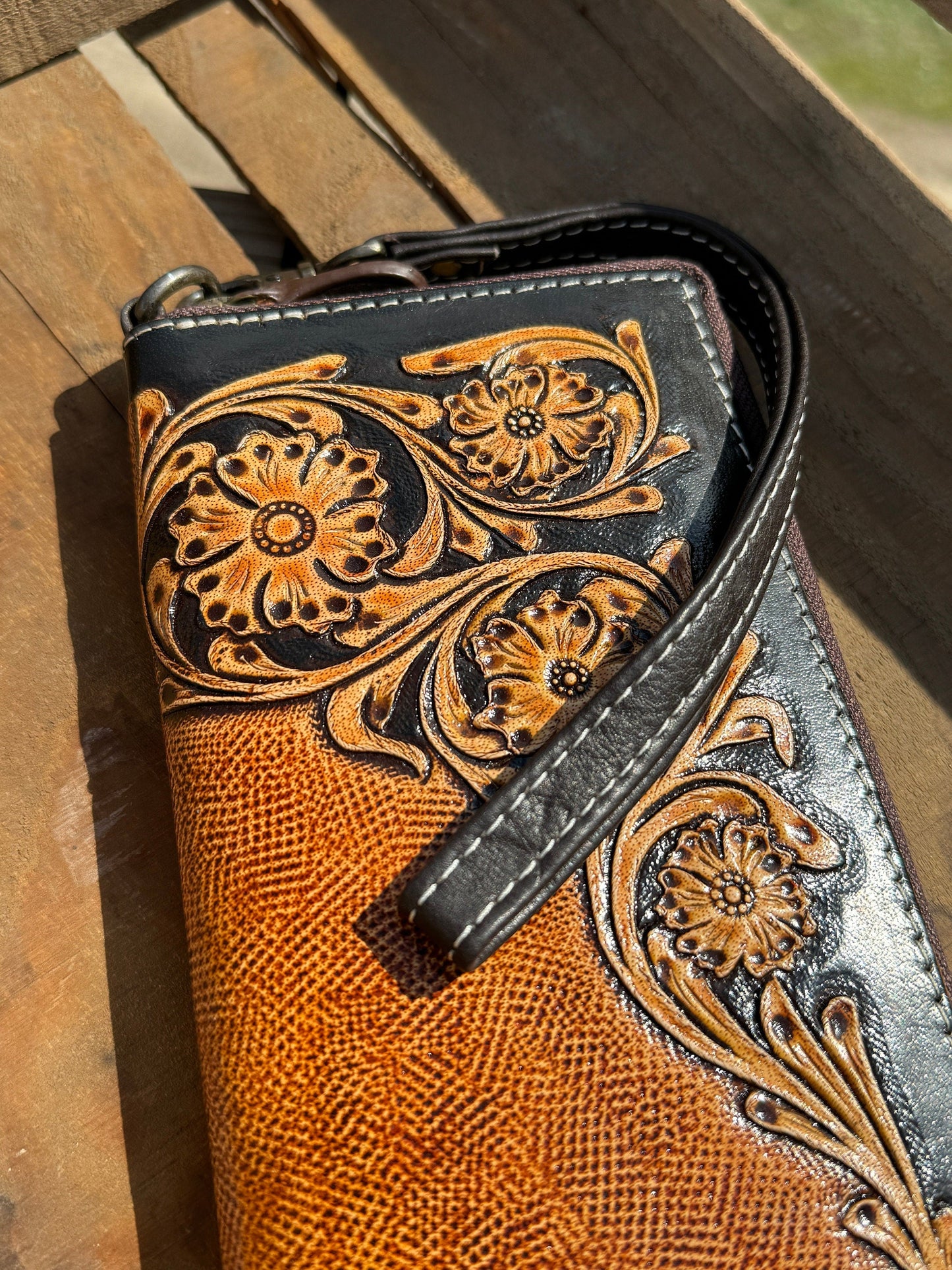Western Wristlet wallet zipper closure tooled floral leather details by Double B Wild Rags