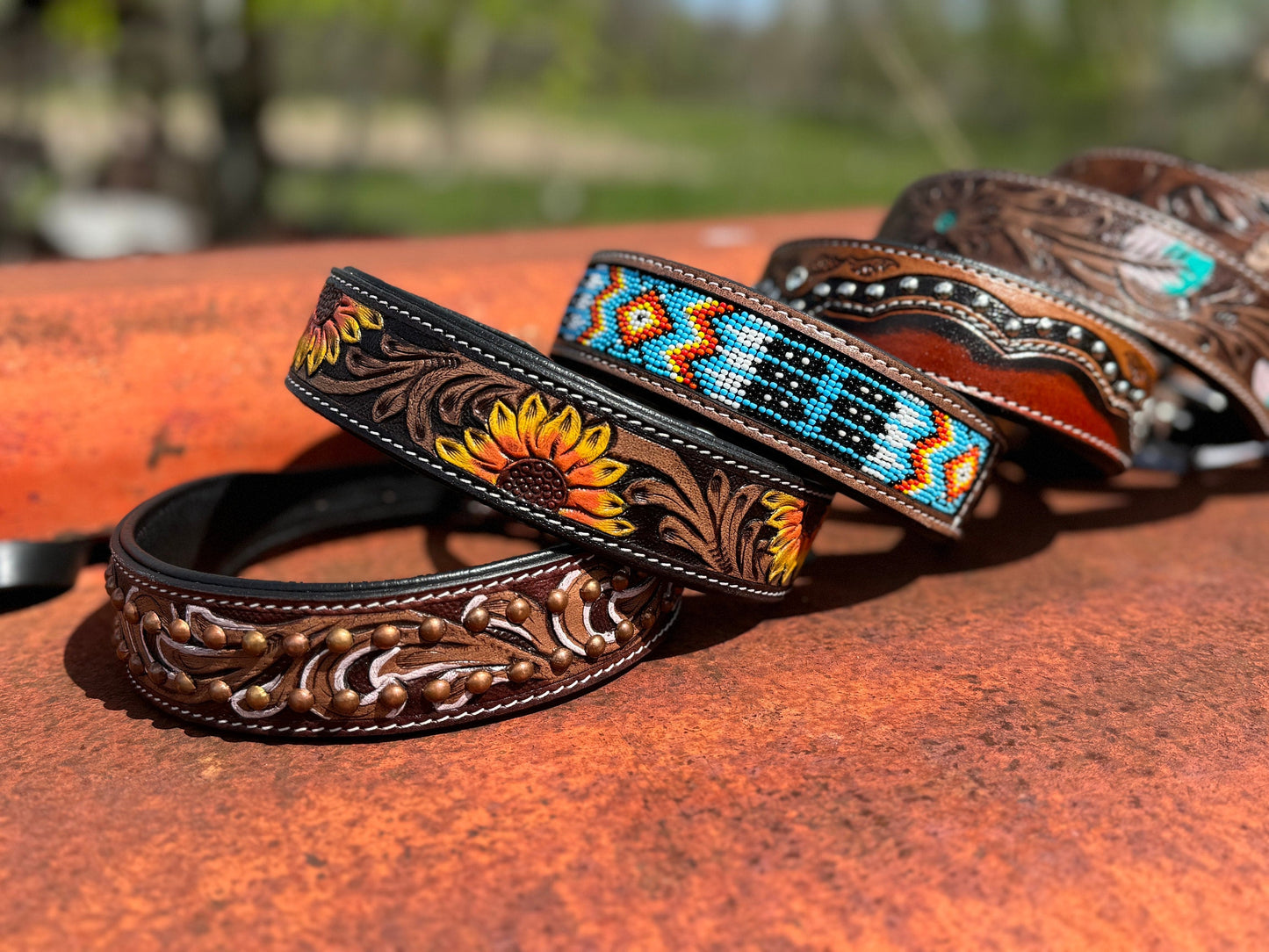 Western leather dog collar tooled or beaded details skull sunflower feather rhinestone