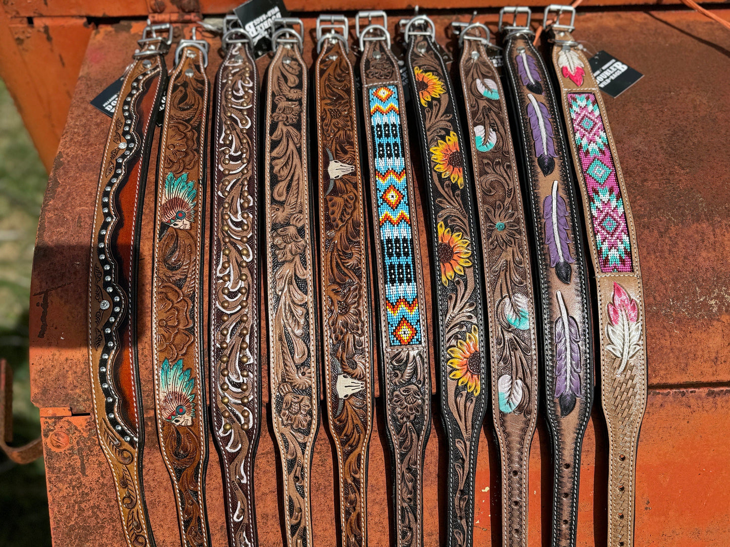 Western leather dog collar tooled or beaded details skull sunflower feather rhinestone