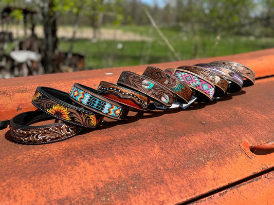 Western leather dog collar tooled or beaded details skull sunflower feather rhinestone