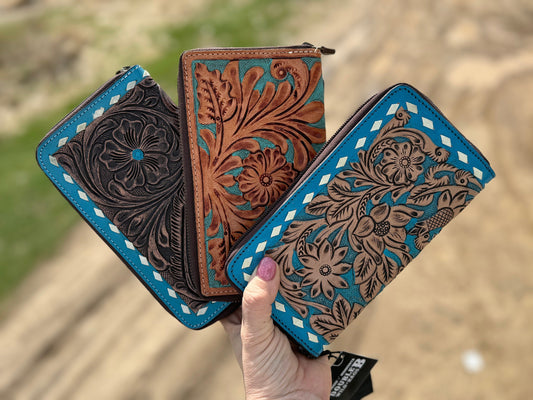 Western wallet zipper closure tooled floral leather turquoise details