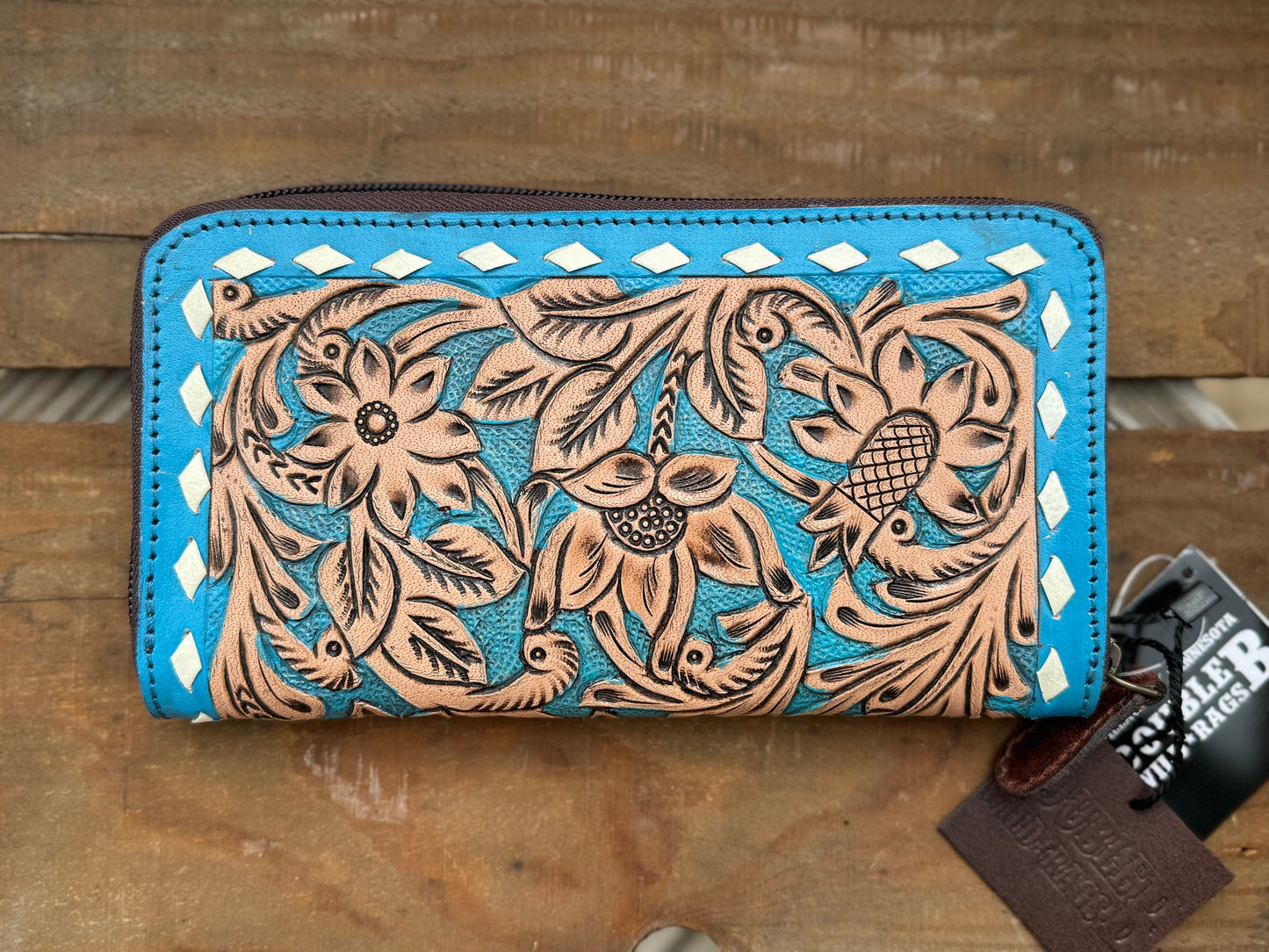 Western wallet zipper closure tooled floral leather turquoise details