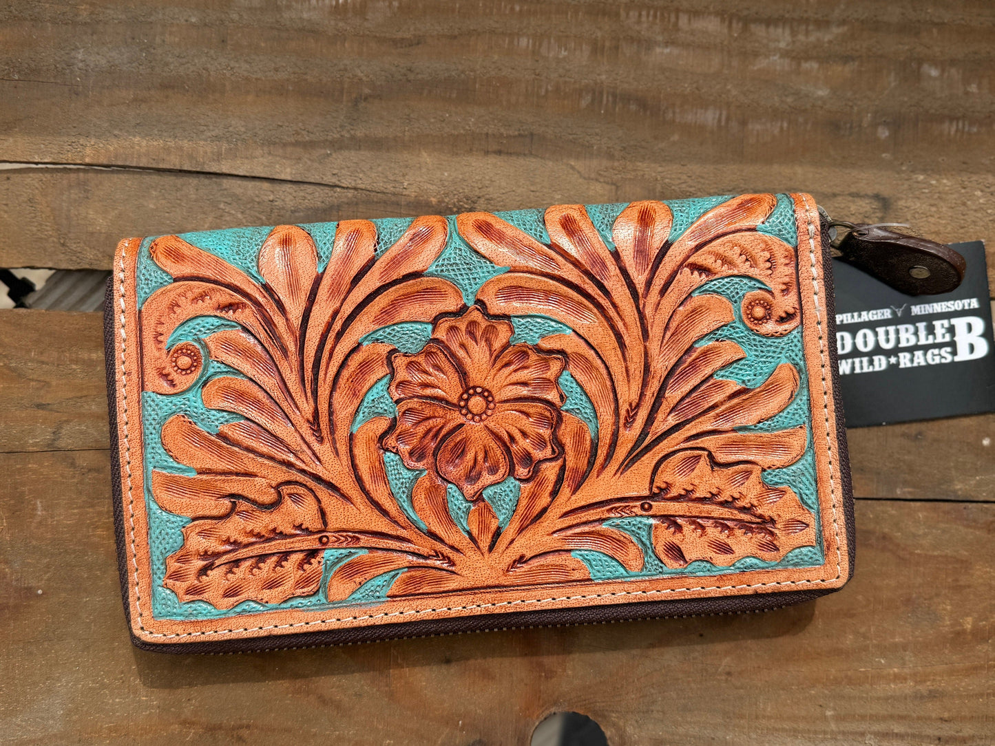 Western wallet zipper closure tooled floral leather turquoise details