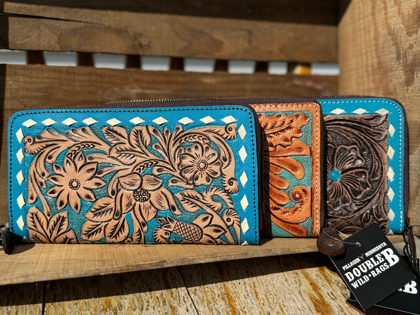 Western wallet zipper closure tooled floral leather turquoise details