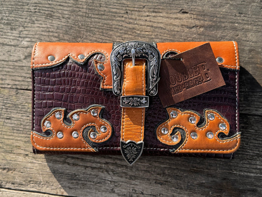 Western Cowgirl Clutch wallet purse Gator Embossed with rivet and buckle accent by Double B Wild Rags
