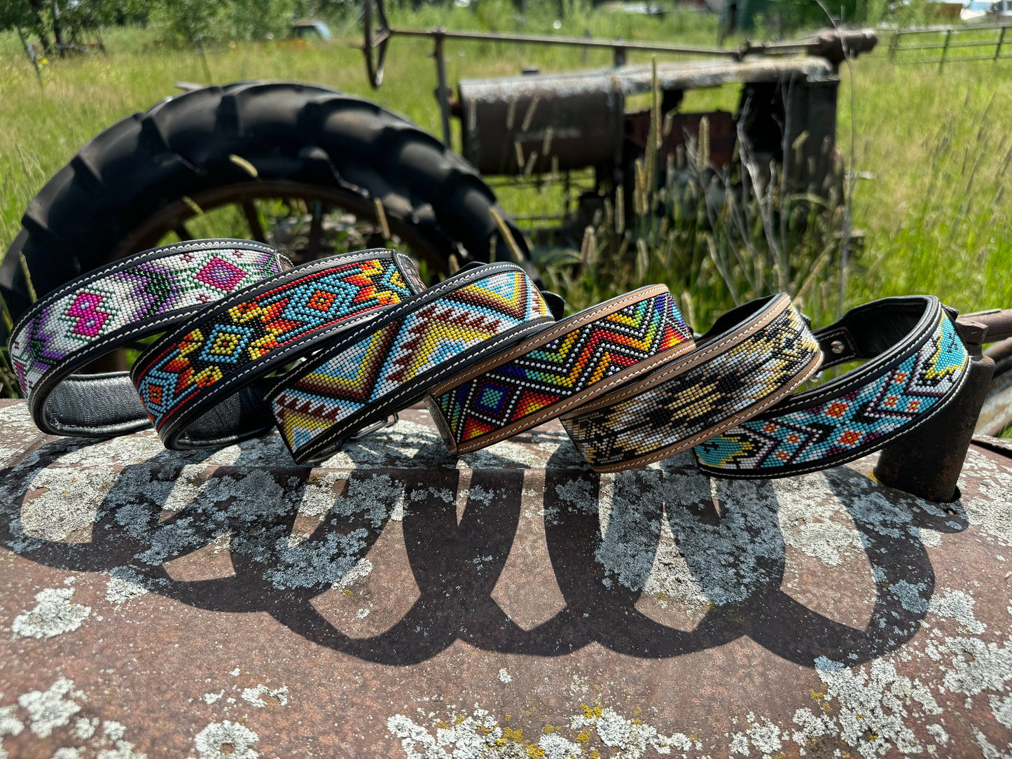 Western leather dog collar tooled and seed bead details
