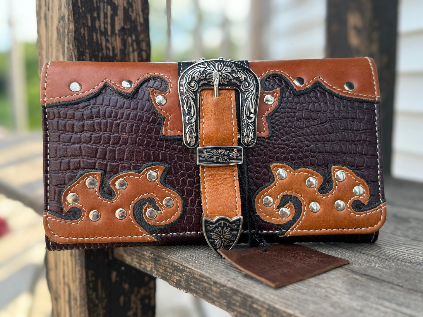 Western Cowgirl Clutch wallet purse Gator Embossed with rivet and buckle accent by Double B Wild Rags