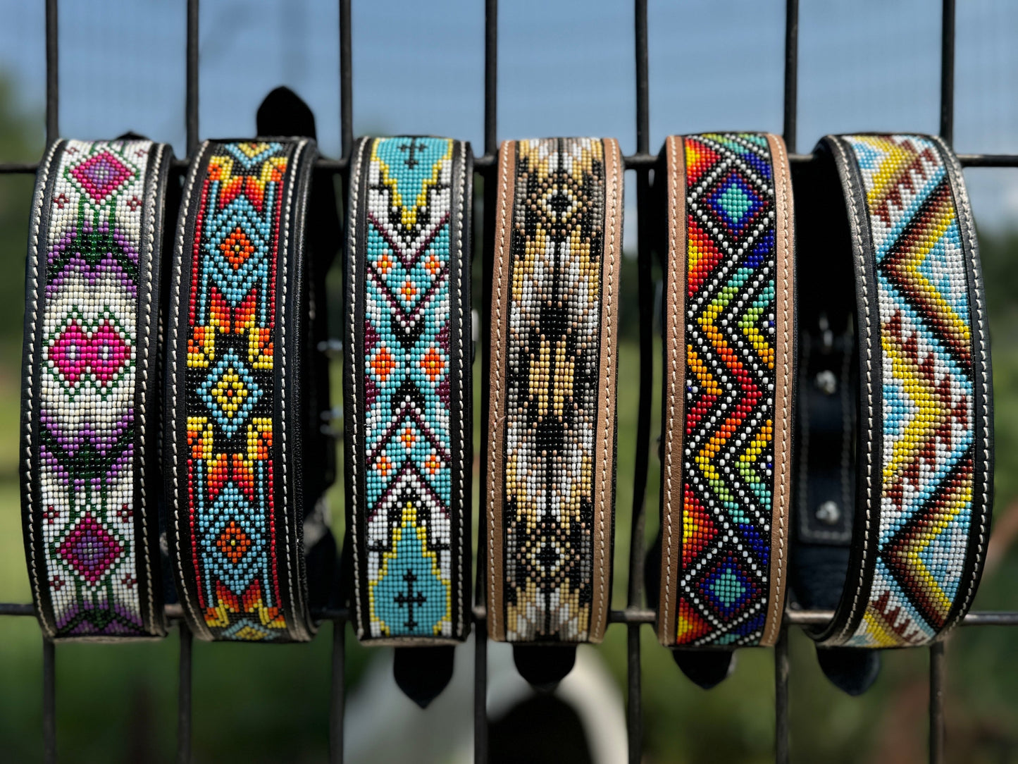 Western leather dog collar tooled and seed bead details