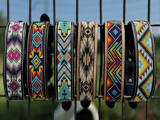 Western leather dog collar tooled and seed bead details