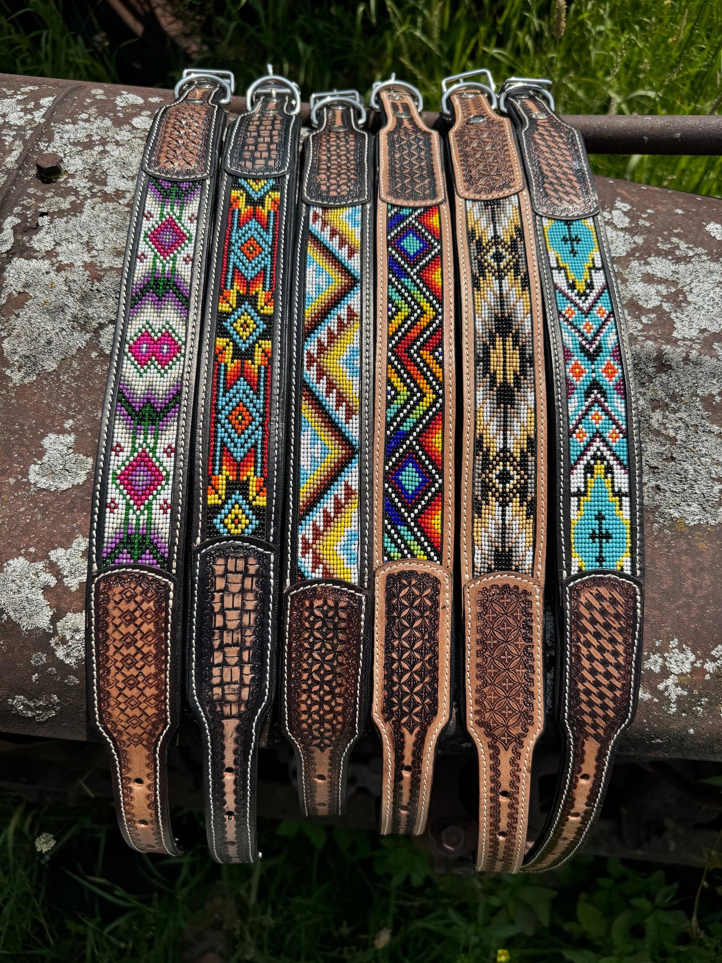 Western leather dog collar tooled and seed bead details
