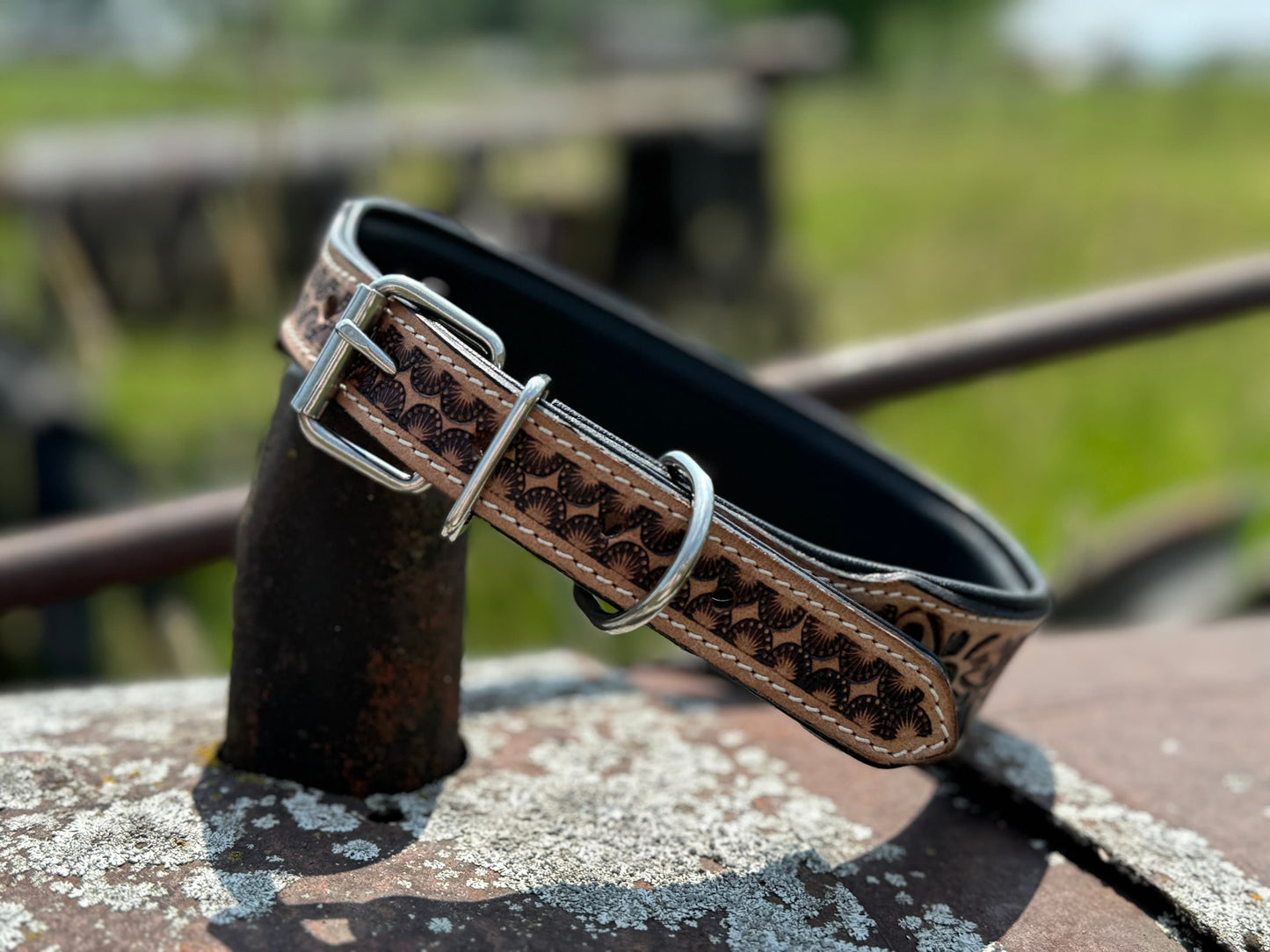 Western leather dog collar tooled and seed bead details