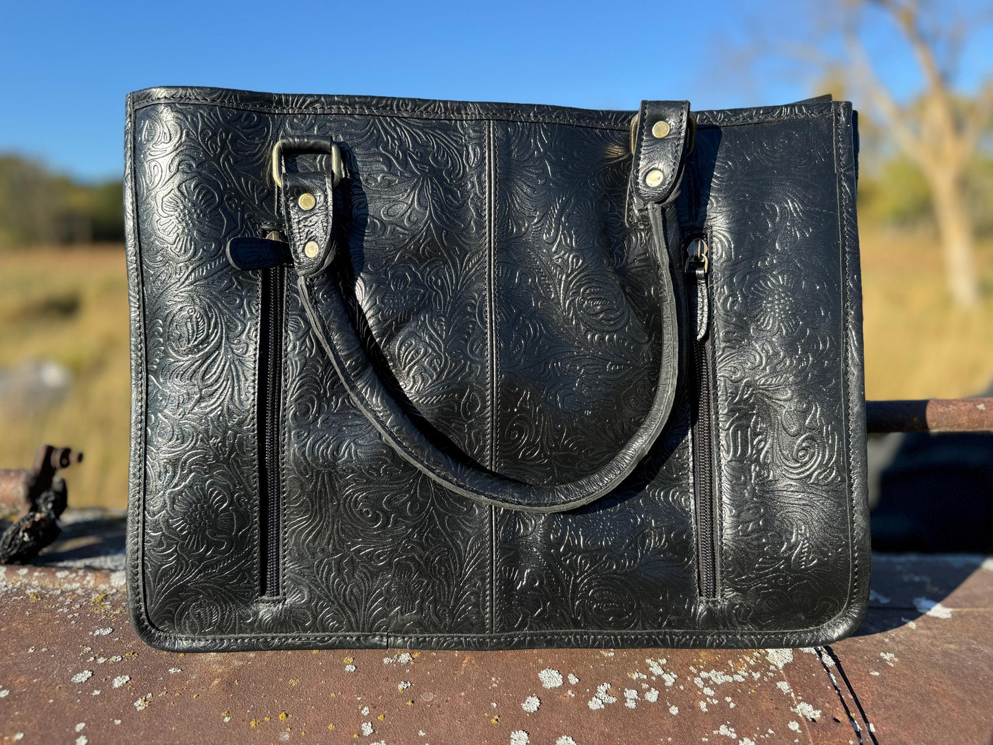 Genuine Western Leather Black laptop messenger briefcase bag with tooled and embossed leather CONCEAL and CARRY