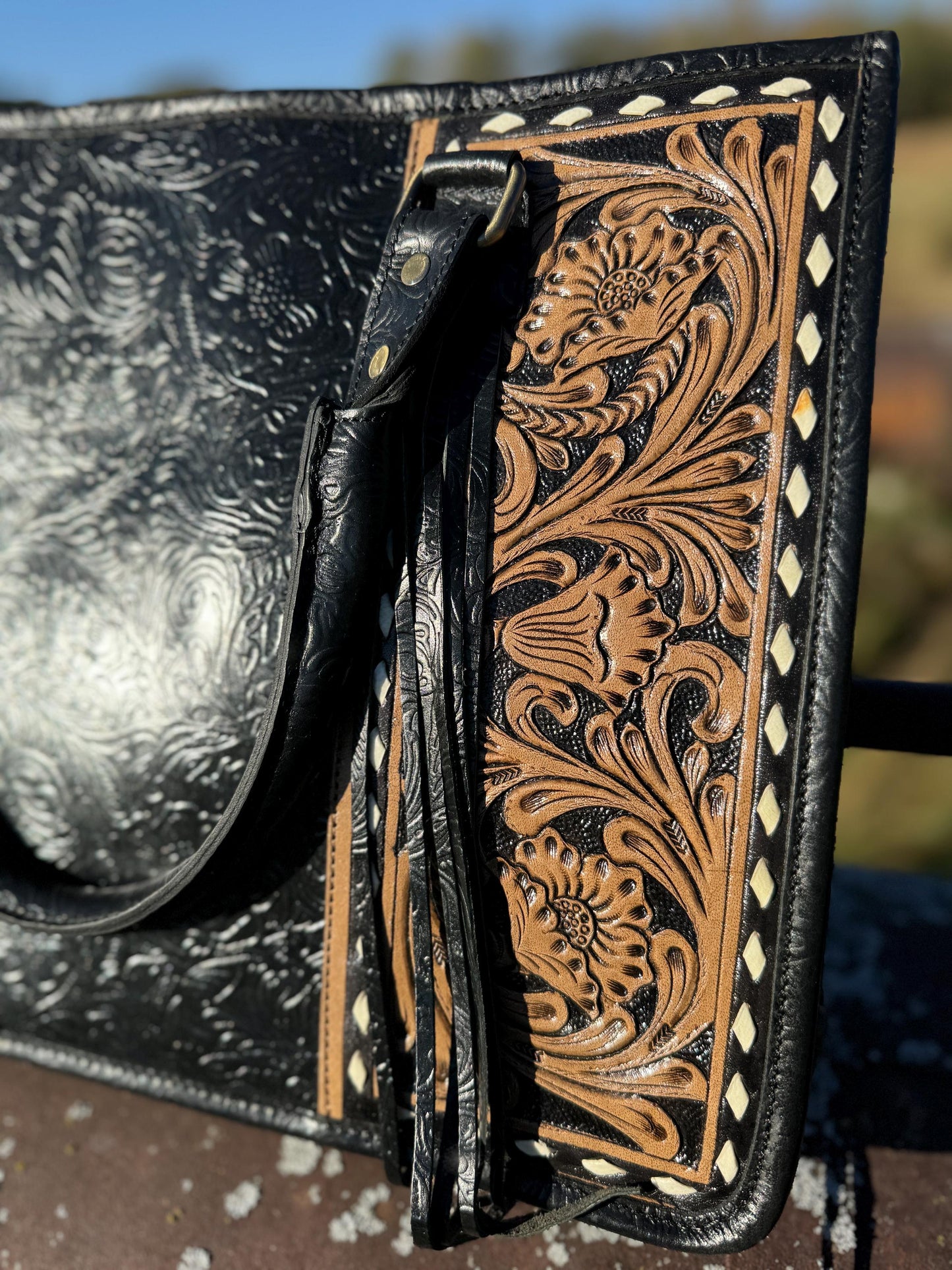 Genuine Western Leather Black laptop messenger briefcase bag with tooled and embossed leather CONCEAL and CARRY