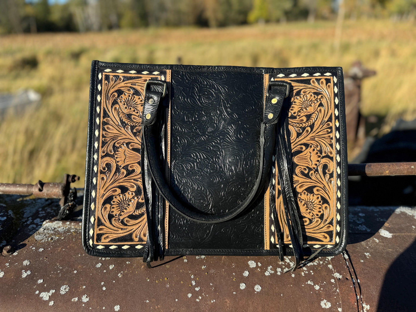 Genuine Western Leather Black laptop messenger briefcase bag with tooled and embossed leather CONCEAL and CARRY