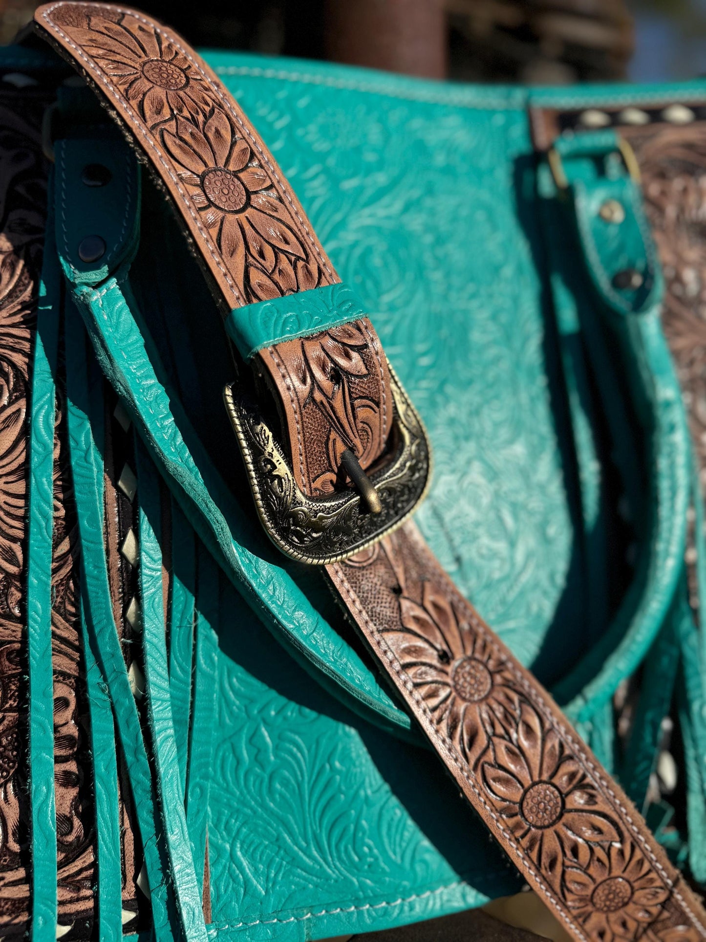 Genuine Western Leather Turquoise laptop messenger briefcase bag with tooled and embossed leather CONCEAL and CARRY