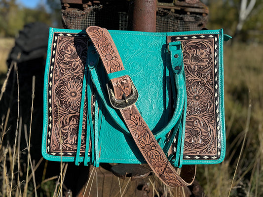 Genuine Western Leather Turquoise laptop messenger briefcase bag with tooled and embossed leather CONCEAL and CARRY