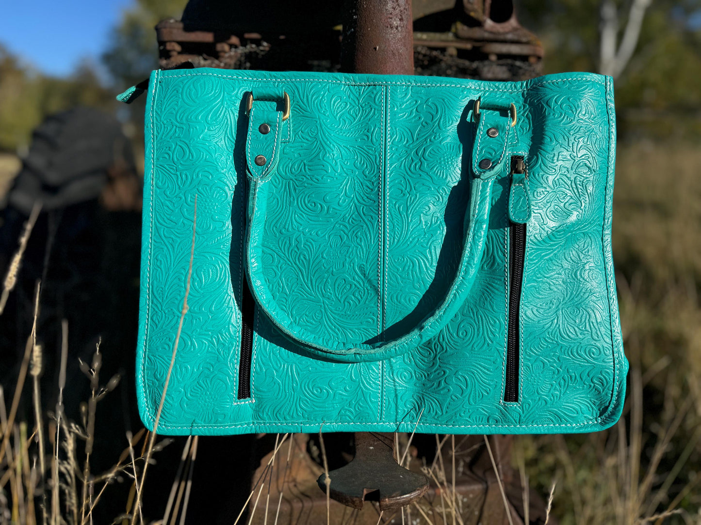 Genuine Western Leather Turquoise laptop messenger briefcase bag with tooled and embossed leather CONCEAL and CARRY