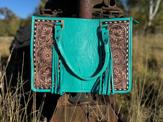Genuine Western Leather Turquoise laptop messenger briefcase bag with tooled and embossed leather CONCEAL and CARRY