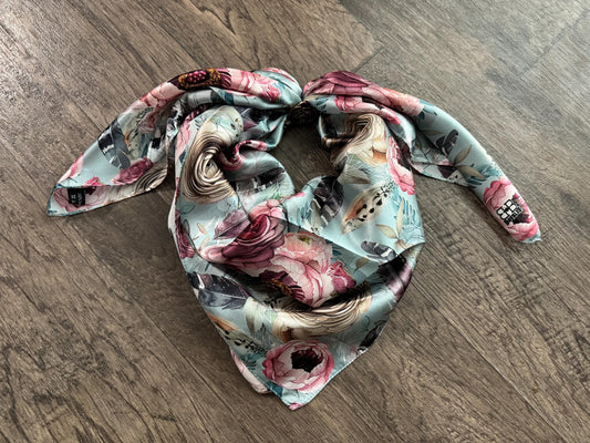 100% Silk Wild Rag Boho Roses and Feathers neck scarf by Double B Wild Rags