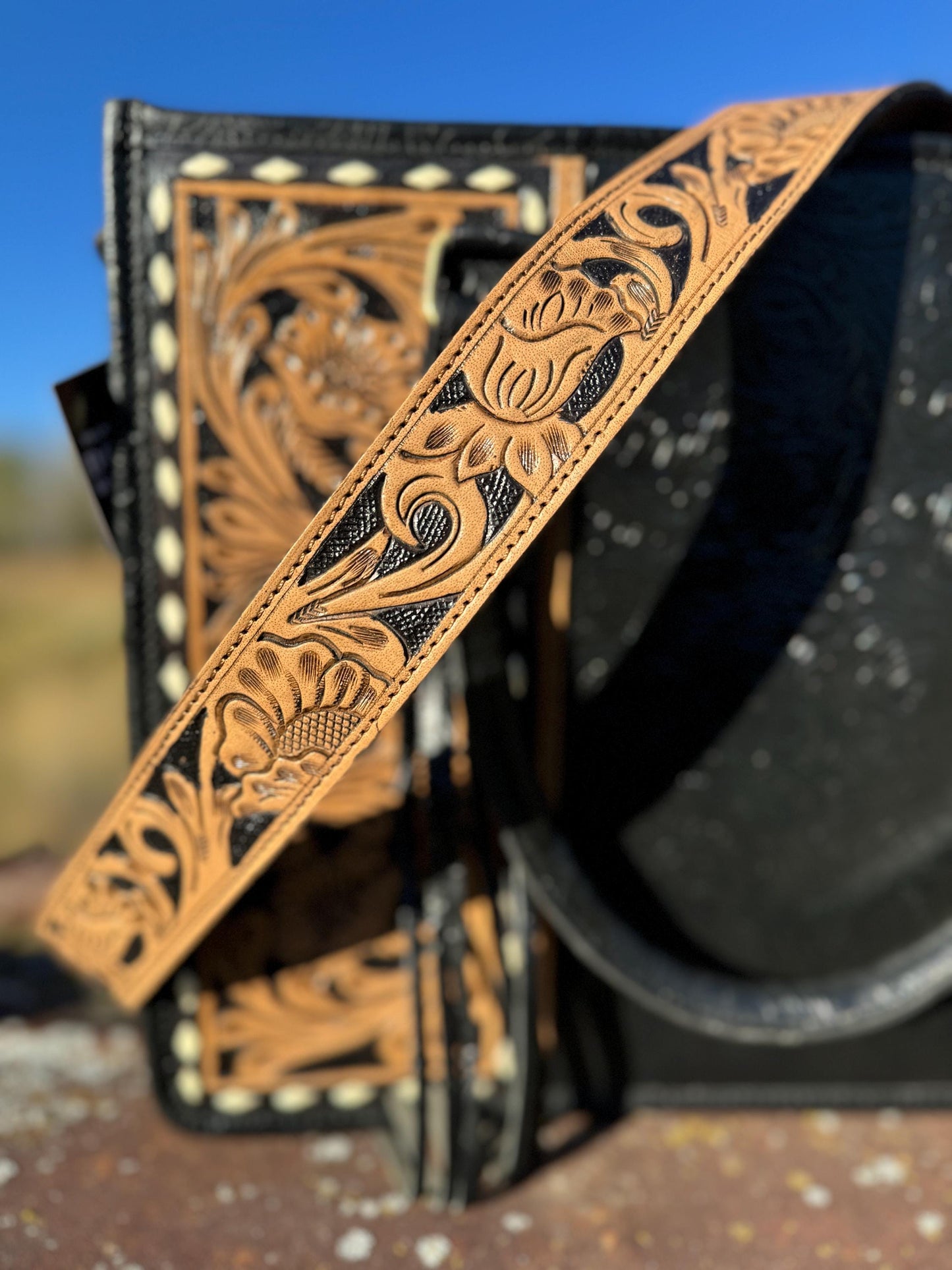 Genuine Western Leather Black laptop messenger briefcase bag with tooled and embossed leather CONCEAL and CARRY