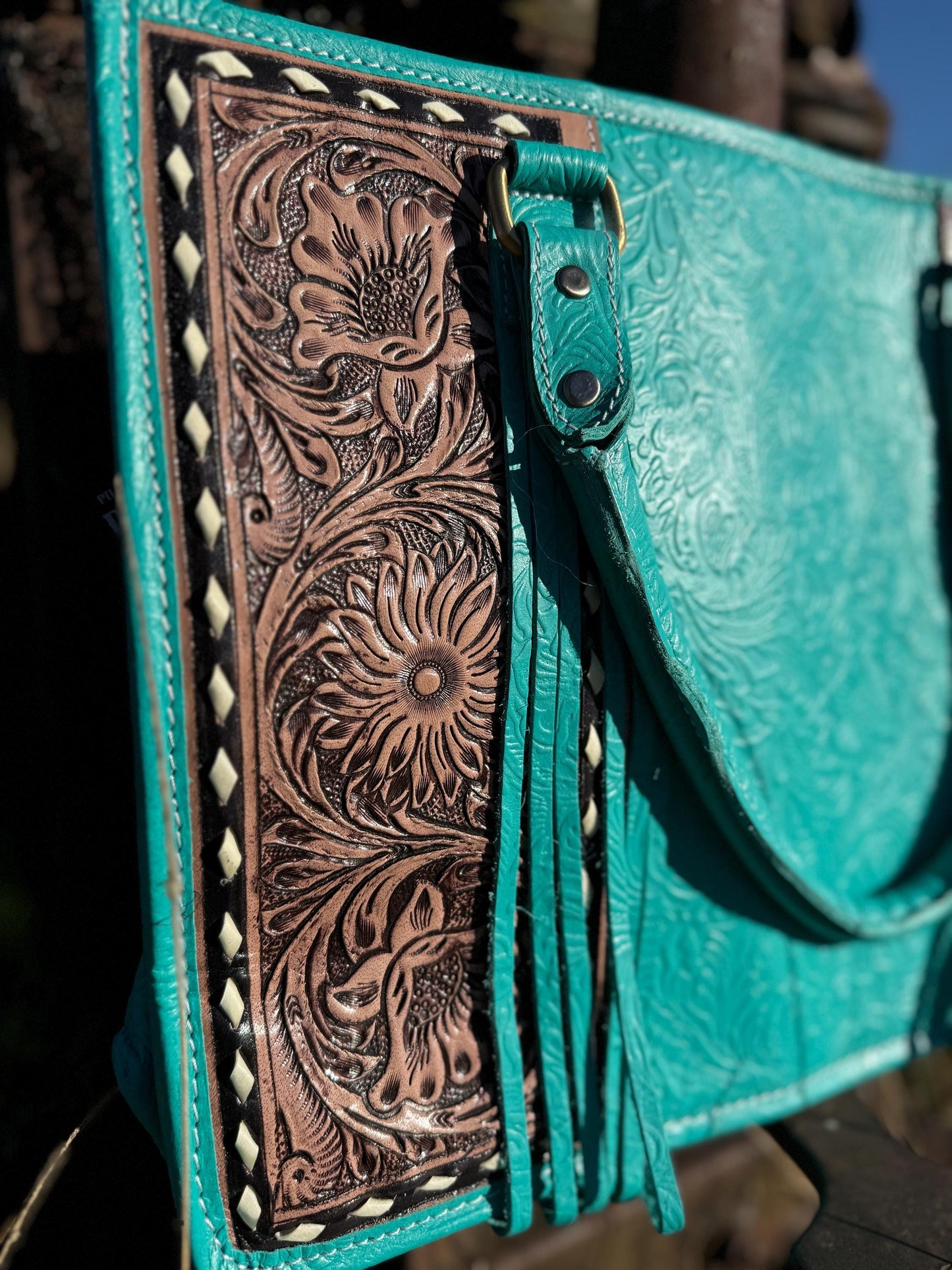 Genuine Western Leather Turquoise laptop messenger briefcase bag with tooled and embossed leather CONCEAL and CARRY