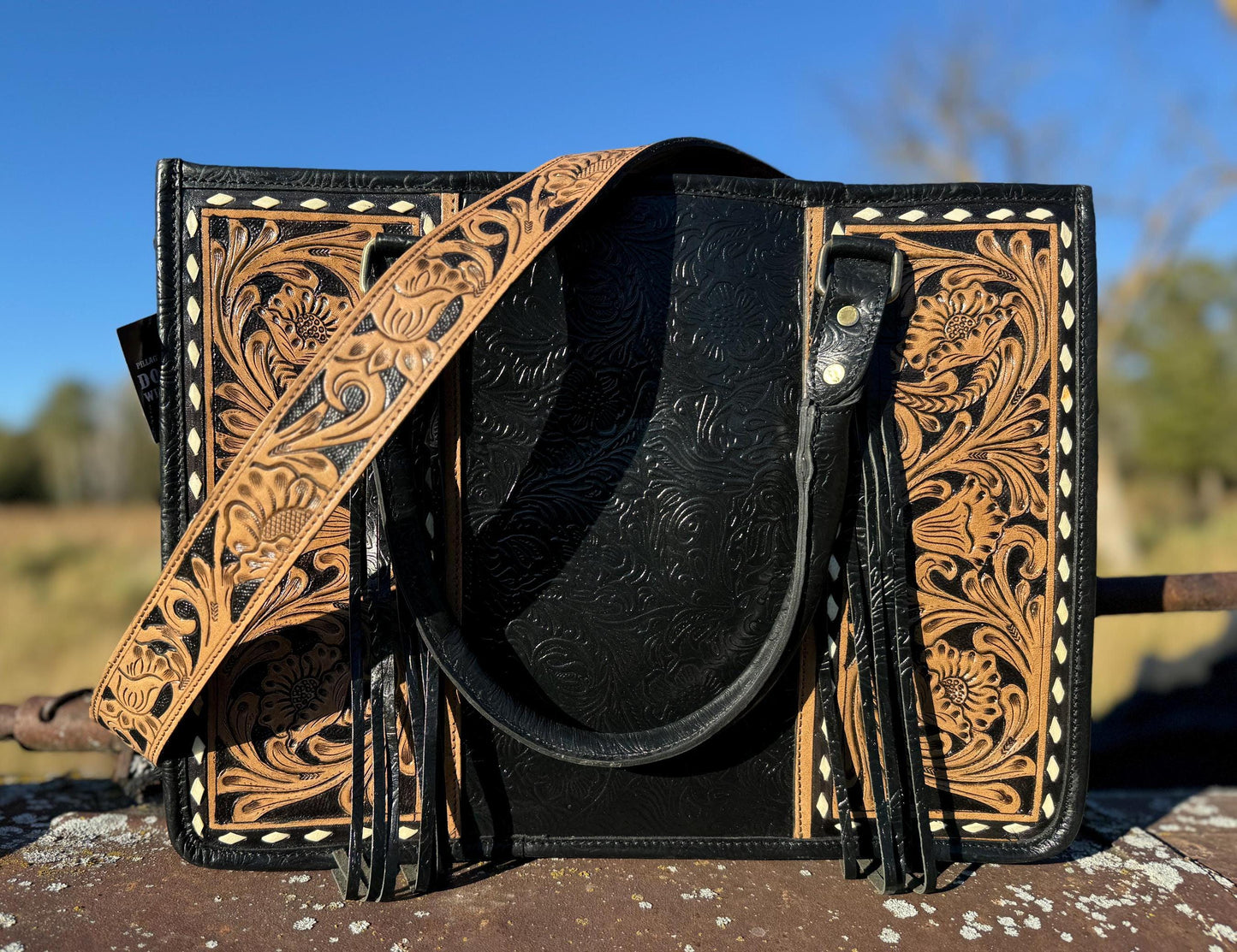 Genuine Western Leather Black laptop messenger briefcase bag with tooled and embossed leather CONCEAL and CARRY