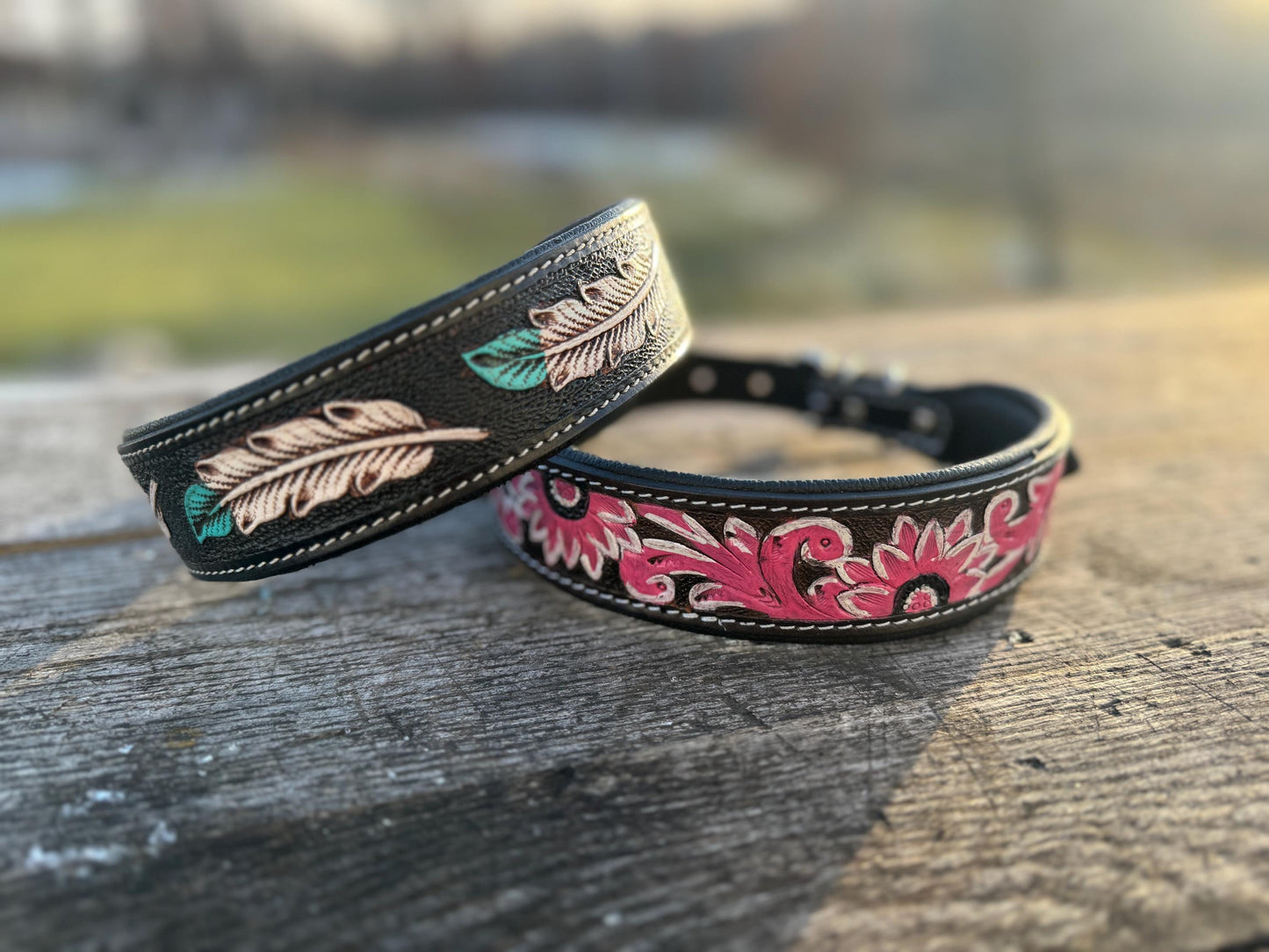 Western leather dog collar tooled Turquoise Feather or Pink Floral details