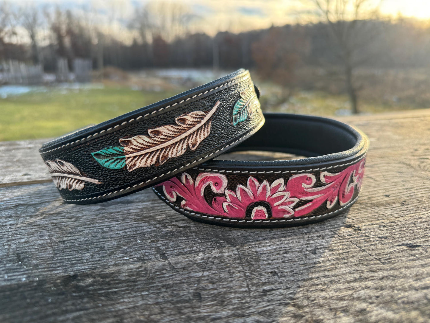 Western leather dog collar tooled Turquoise Feather or Pink Floral details