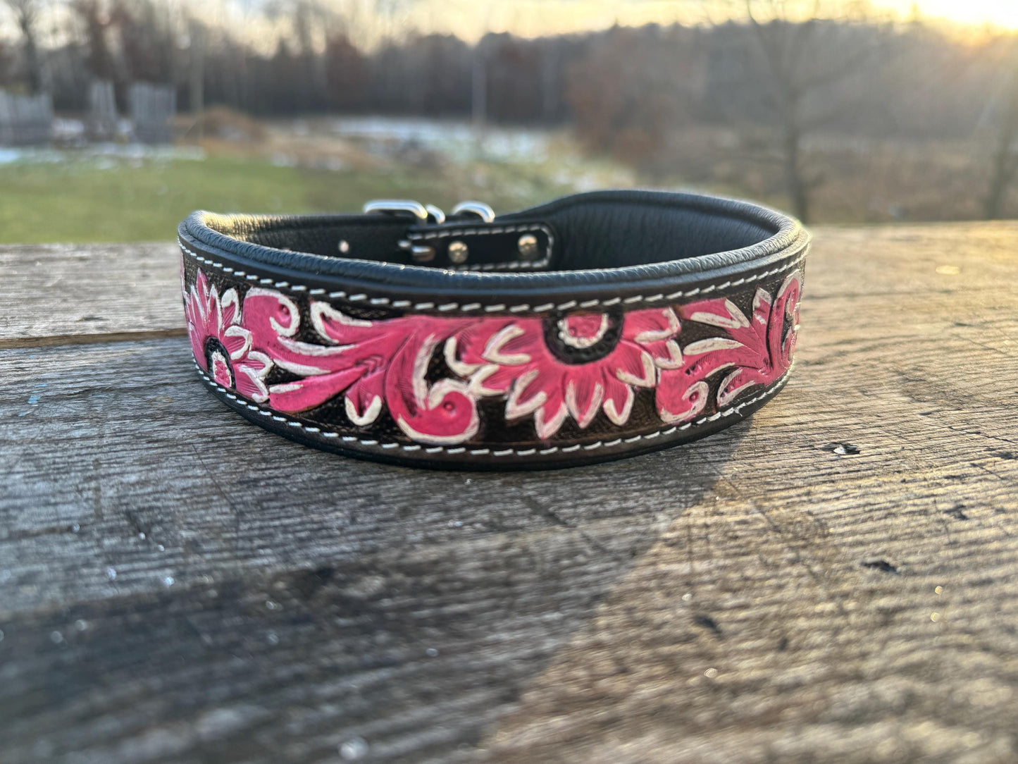 Western leather dog collar tooled Turquoise Feather or Pink Floral details