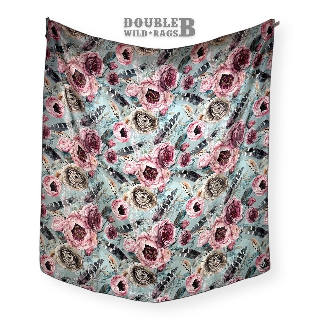 100% Silk Wild Rag Boho Roses and Feathers neck scarf by Double B Wild Rags