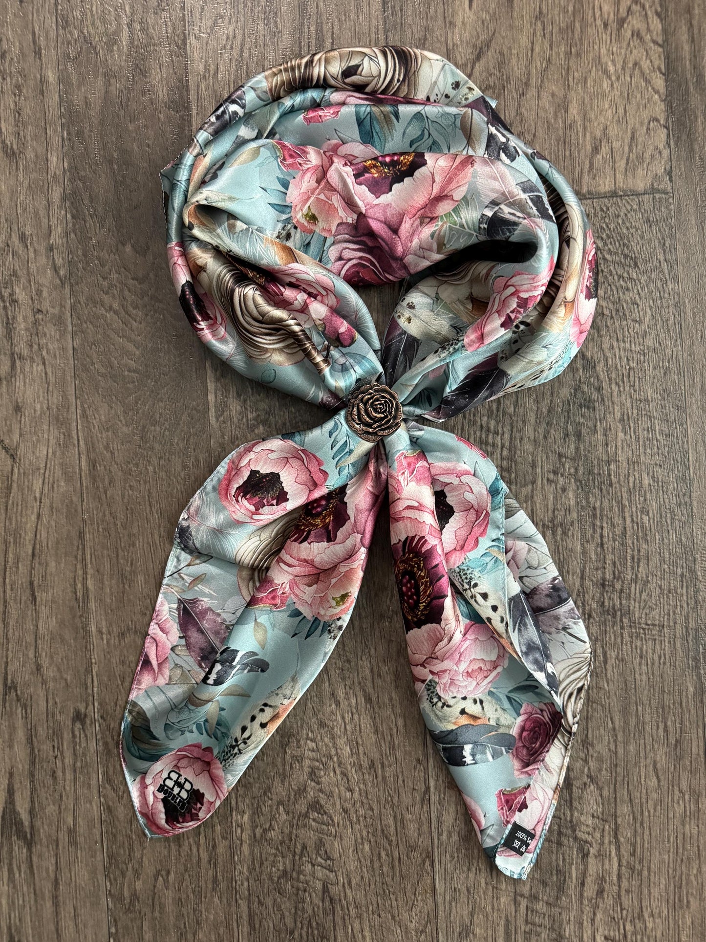 100% Silk Wild Rag Boho Roses and Feathers neck scarf by Double B Wild Rags