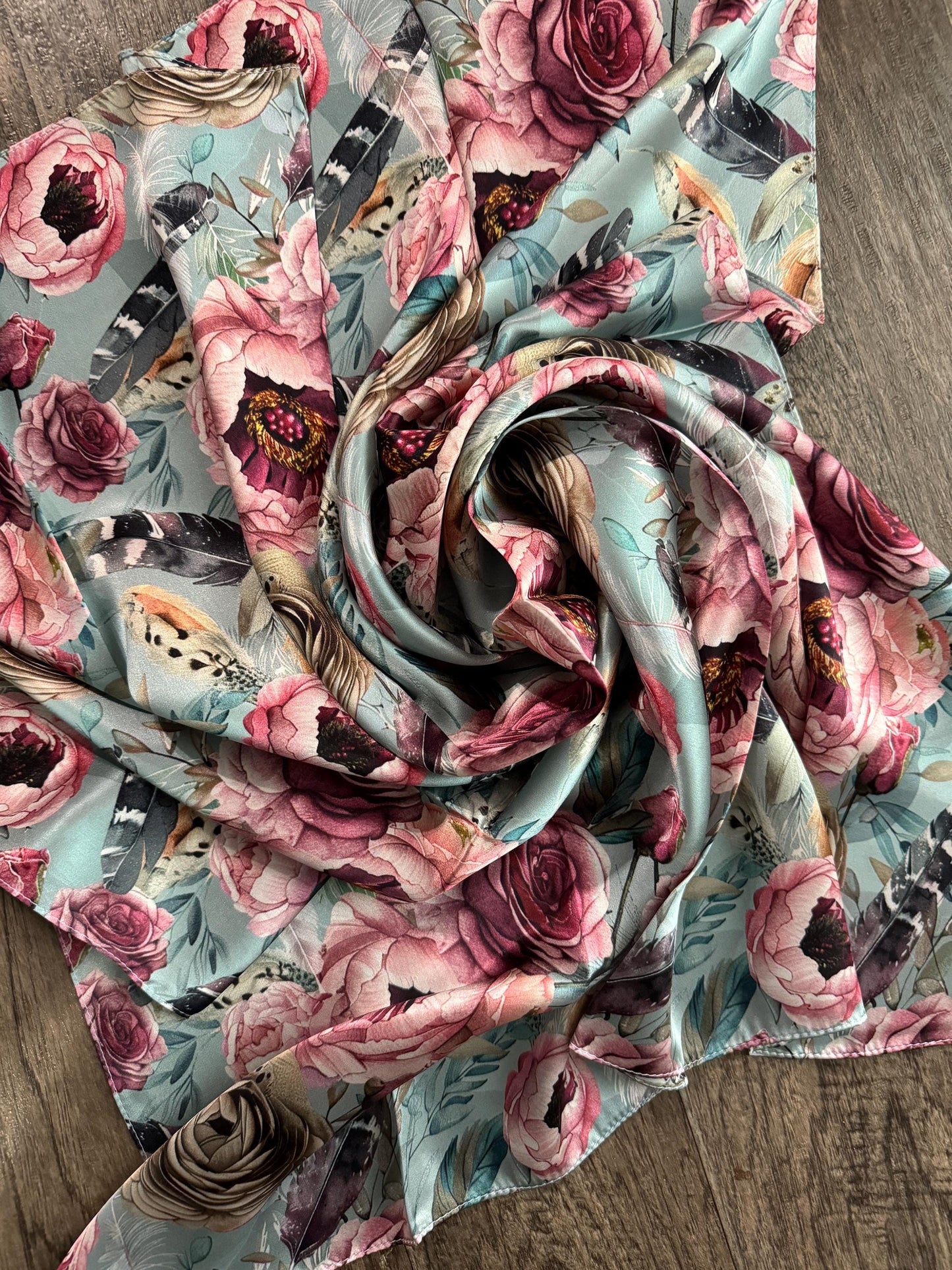 100% Silk Wild Rag Boho Roses and Feathers neck scarf by Double B Wild Rags