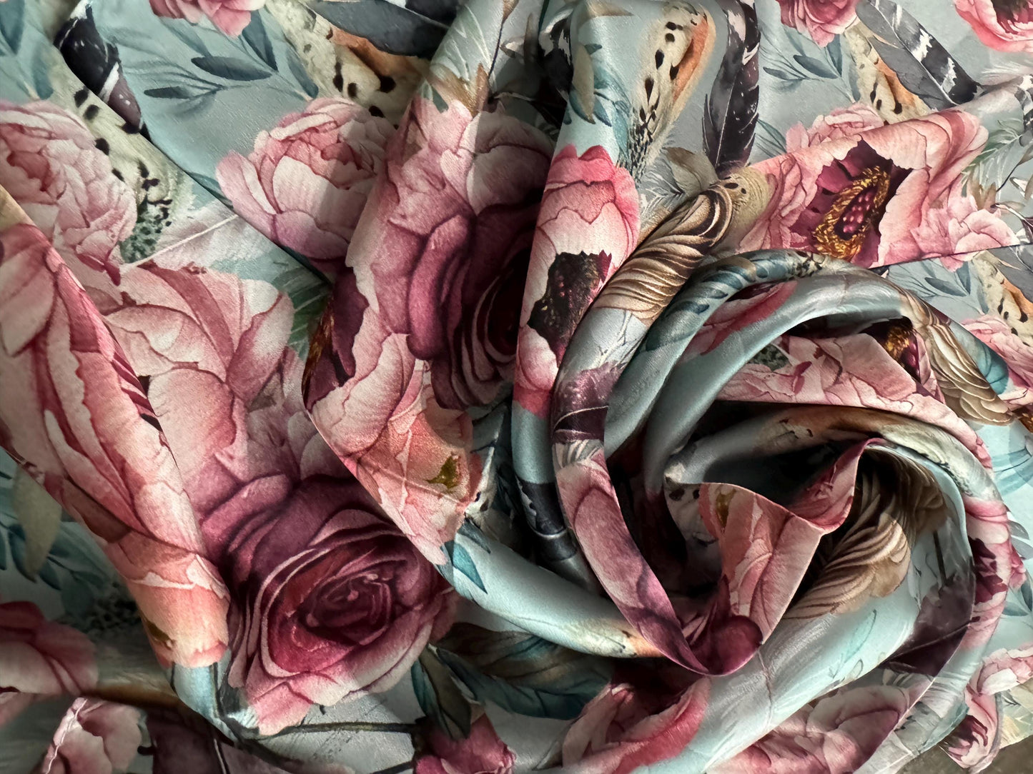 100% Silk Wild Rag Boho Roses and Feathers neck scarf by Double B Wild Rags