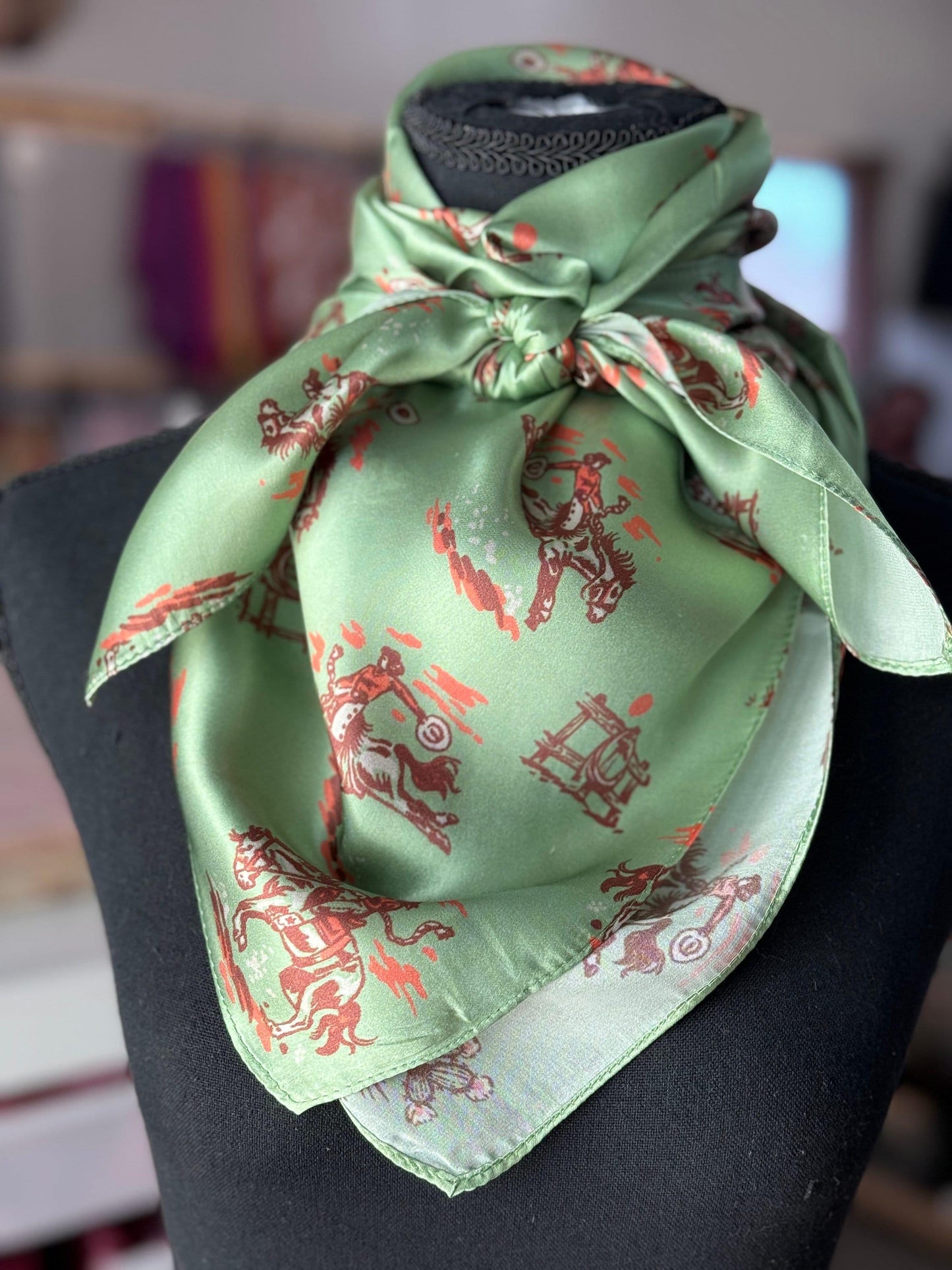 100% Silk Wild Rag Cowgirl on the Prairie by Double B Wild Rags bright sage green, coral, and brown