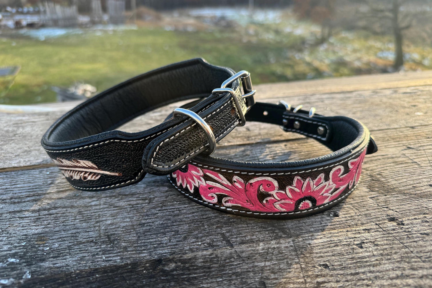 Western leather dog collar tooled Turquoise Feather or Pink Floral details