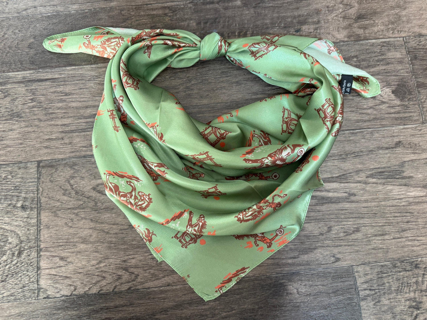 100% Silk Wild Rag Cowgirl on the Prairie by Double B Wild Rags bright sage green, coral, and brown