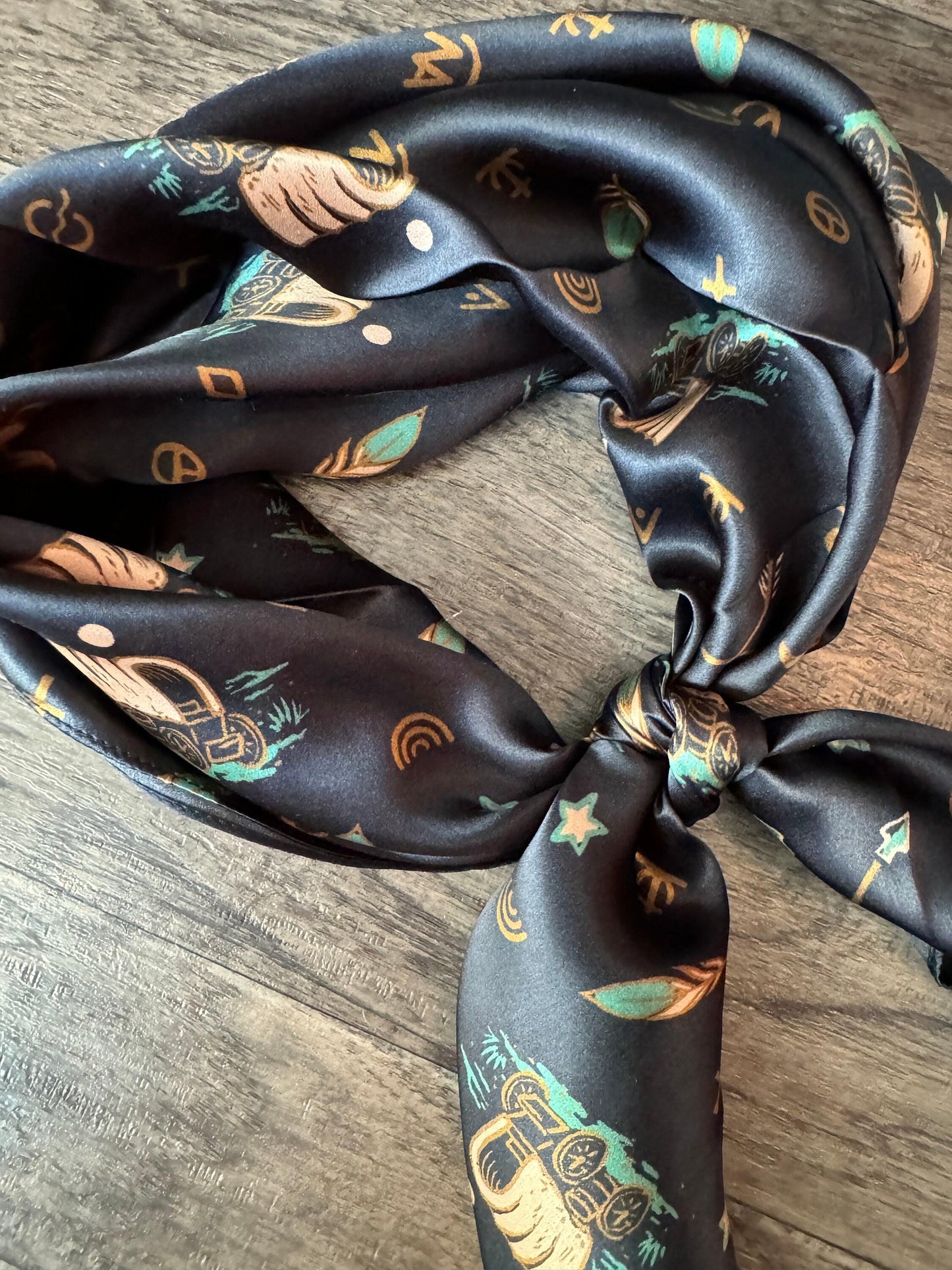 100% Silk Wild Rag “Going West” by Double B Wild Rags Chuckwagons Brands Arrows Horseshoes