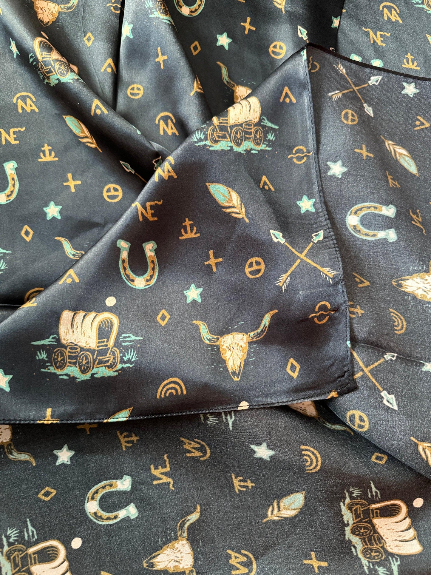 100% Silk Wild Rag “Going West” by Double B Wild Rags Chuckwagons Brands Arrows Horseshoes