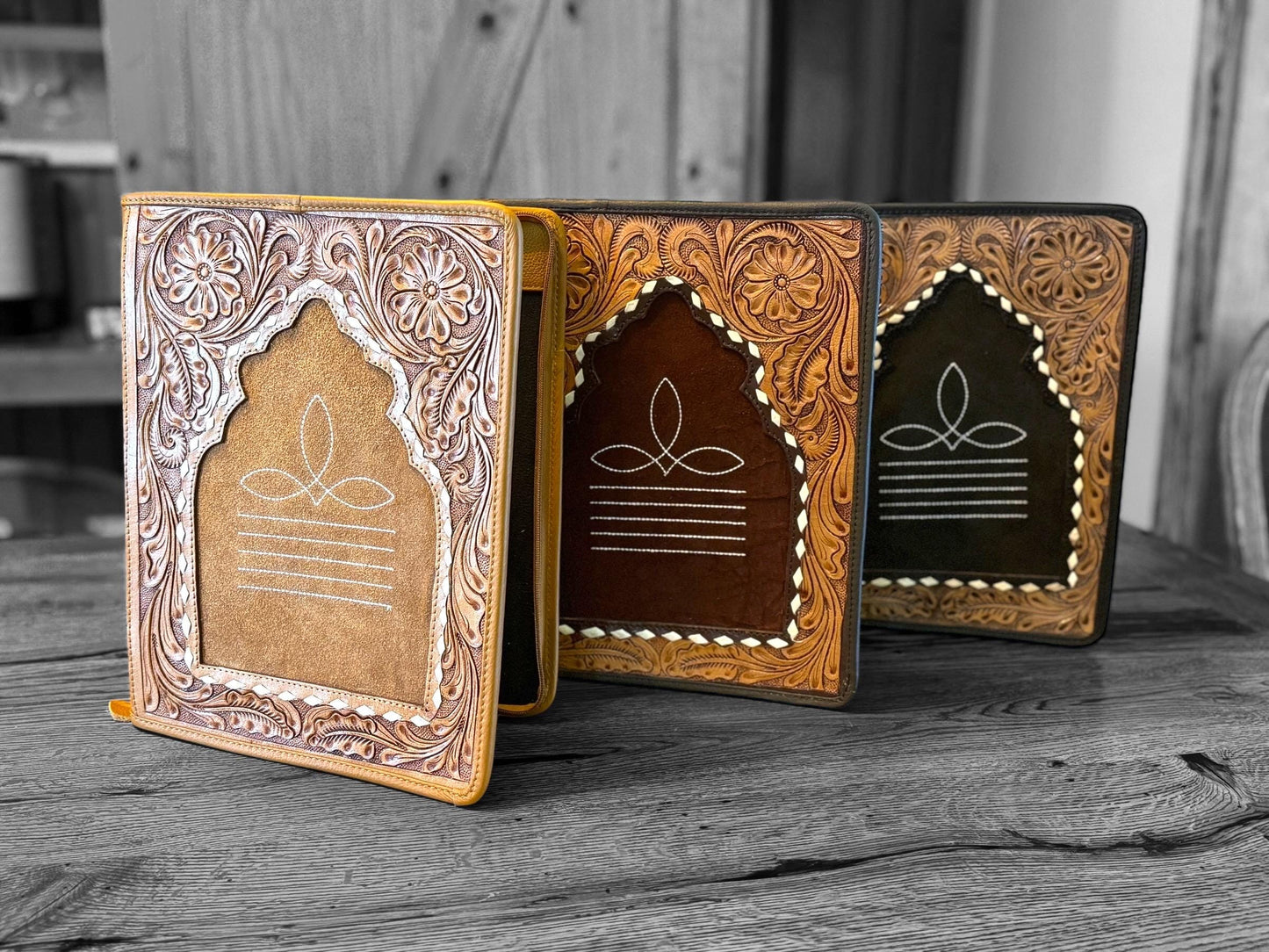 Business Autograph Headshot 3 Ring Folder Western Cowhide tooled leather by Double B Wild Rags