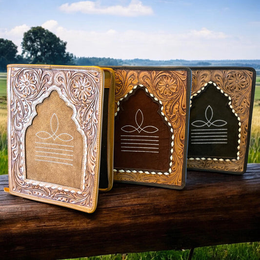 Business Autograph Headshot 3 Ring Folder Western Cowhide tooled leather by Double B Wild Rags