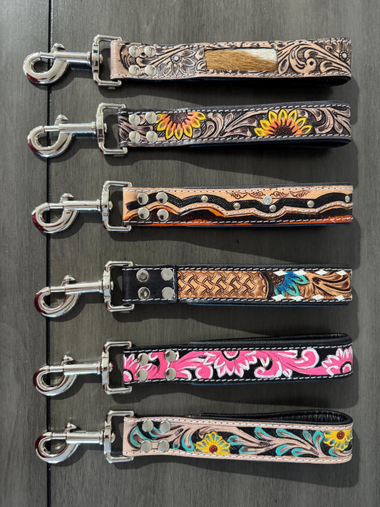 Short Western genuine leather dog pet leash for hiking or training  11"