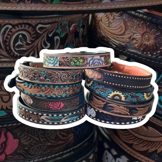 Western Genuine Leather dog collar tooled details aces cards sunflower feather rhinestone cactus floral