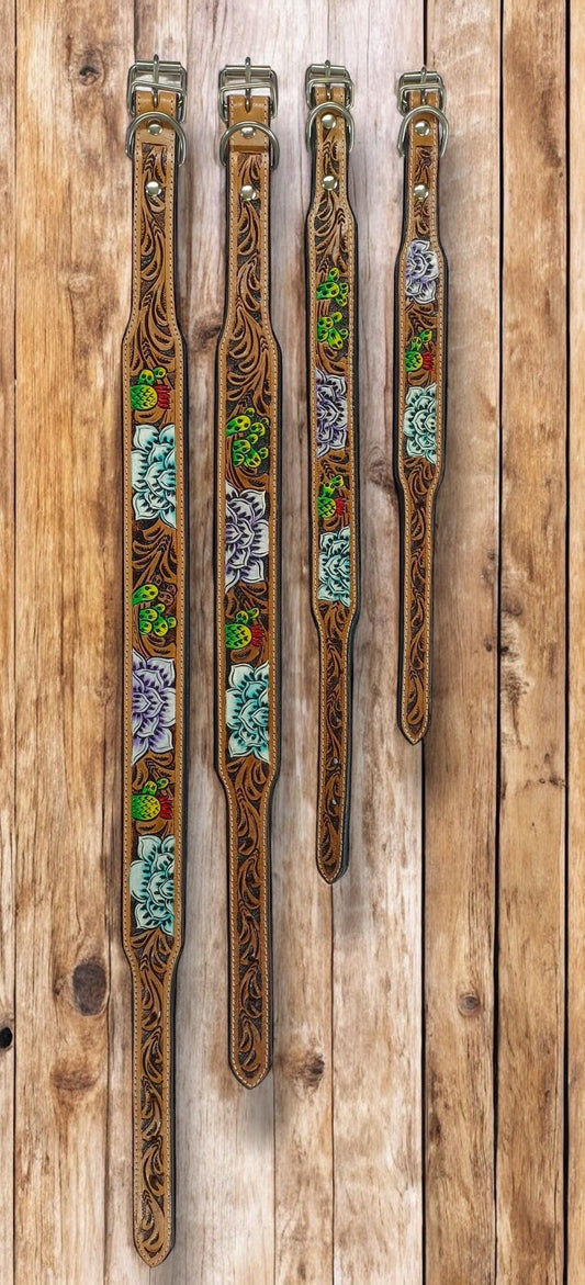 Western Genuine Leather dog collar tooled details aces cards sunflower feather rhinestone cactus floral