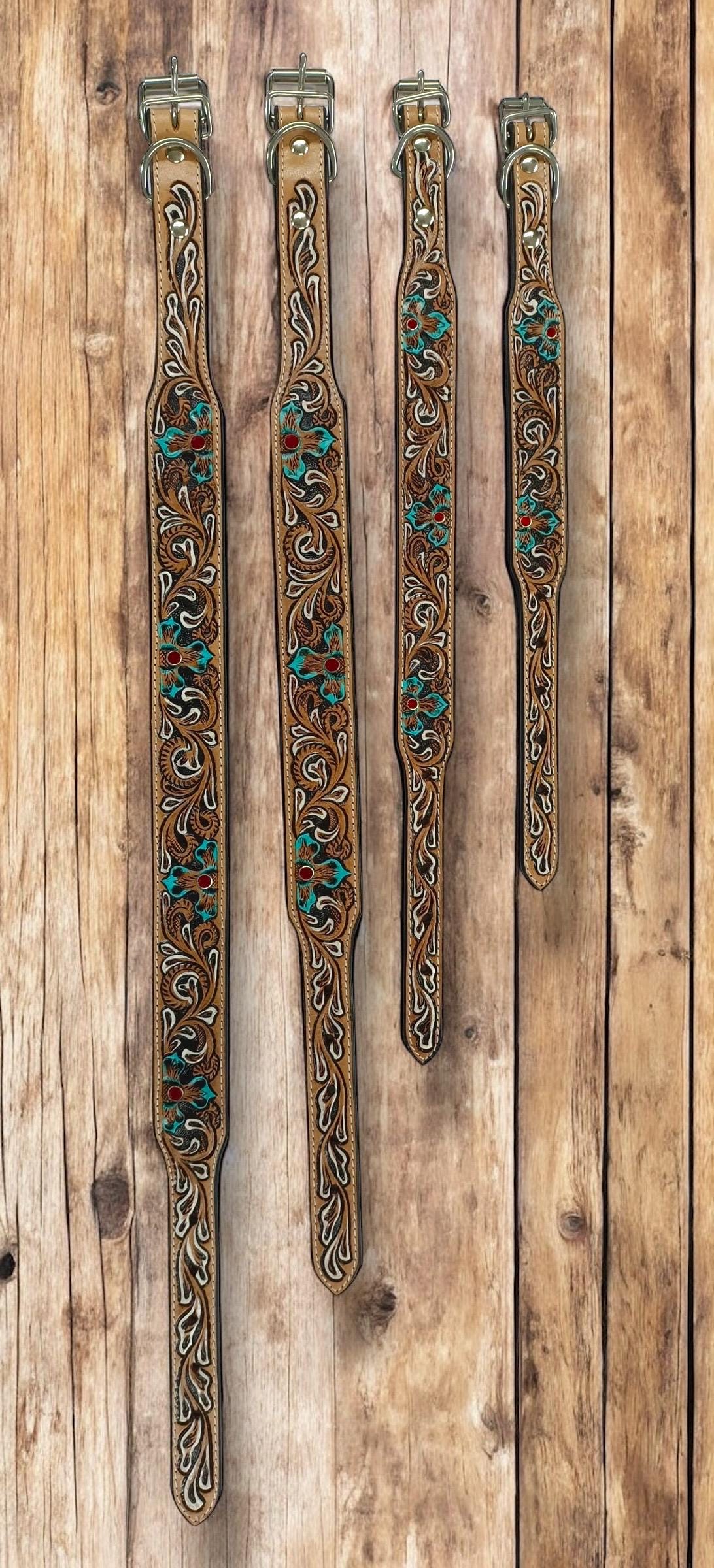 Western Genuine Leather dog collar tooled details aces cards sunflower feather rhinestone cactus floral