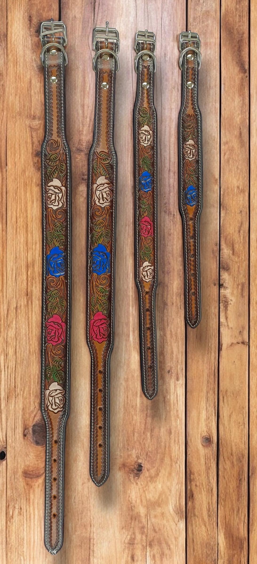 Western Genuine Leather dog collar tooled details aces cards sunflower feather rhinestone cactus floral