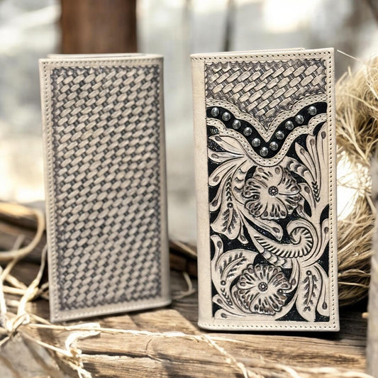 Western Cowboy Checkbook wallet tooled leather with rivet details by Double B Wild Rags