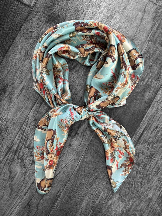 100% Silk Wild Rag Dusty Blue Cowboys and Floral by Double B Wild Rags