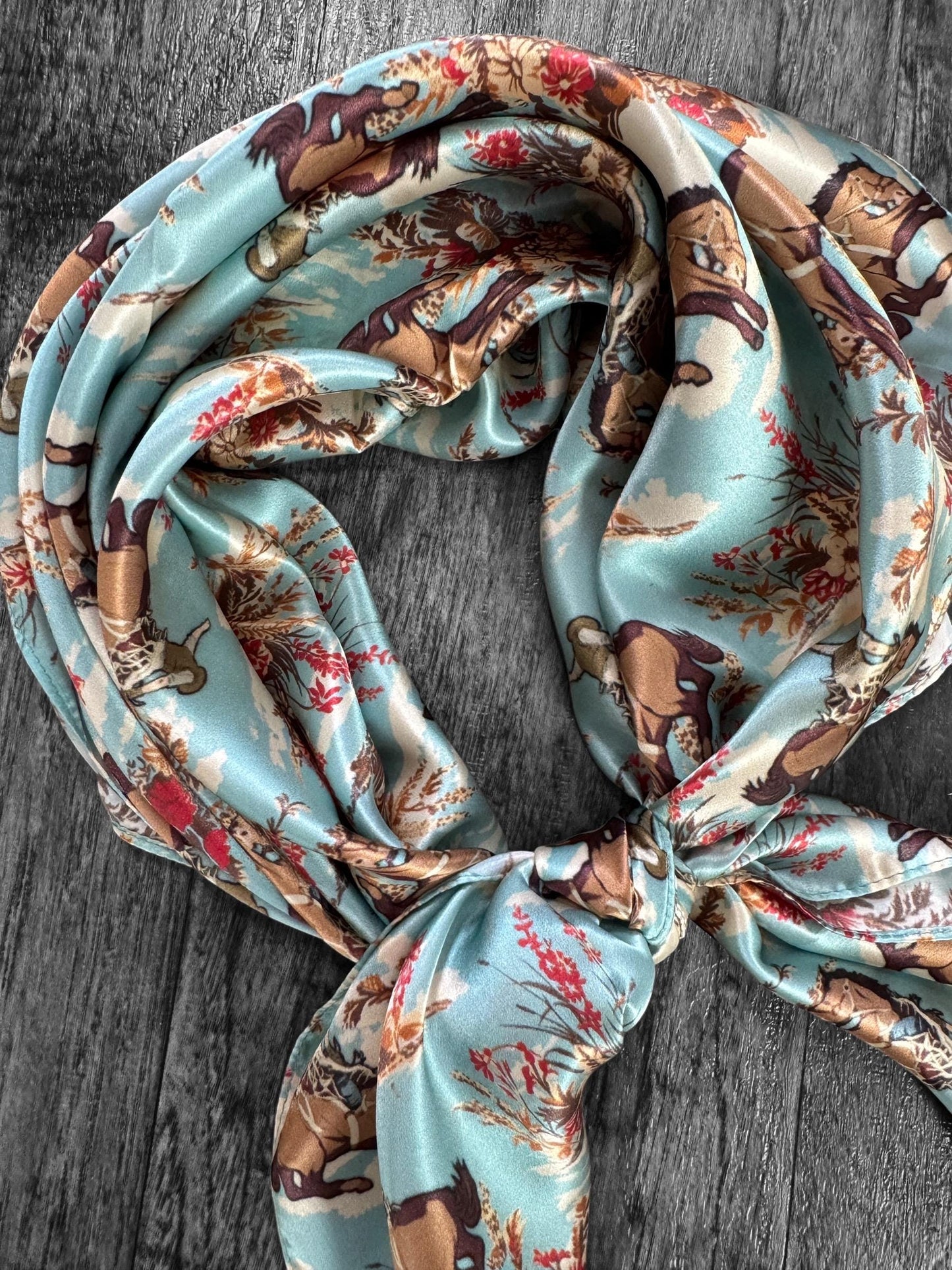 100% Silk Wild Rag Dusty Blue Cowboys and Floral by Double B Wild Rags