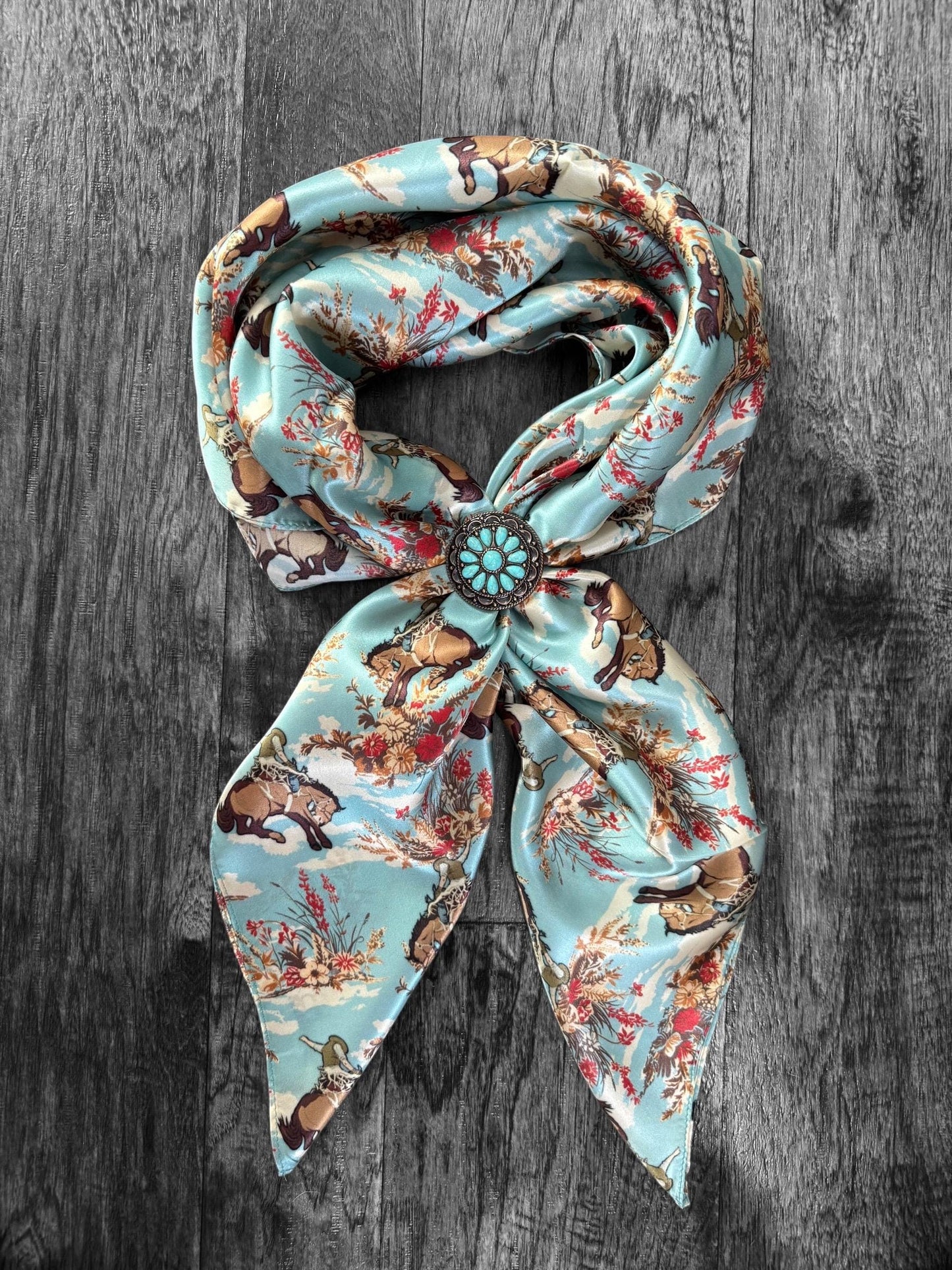 100% Silk Wild Rag Dusty Blue Cowboys and Floral by Double B Wild Rags