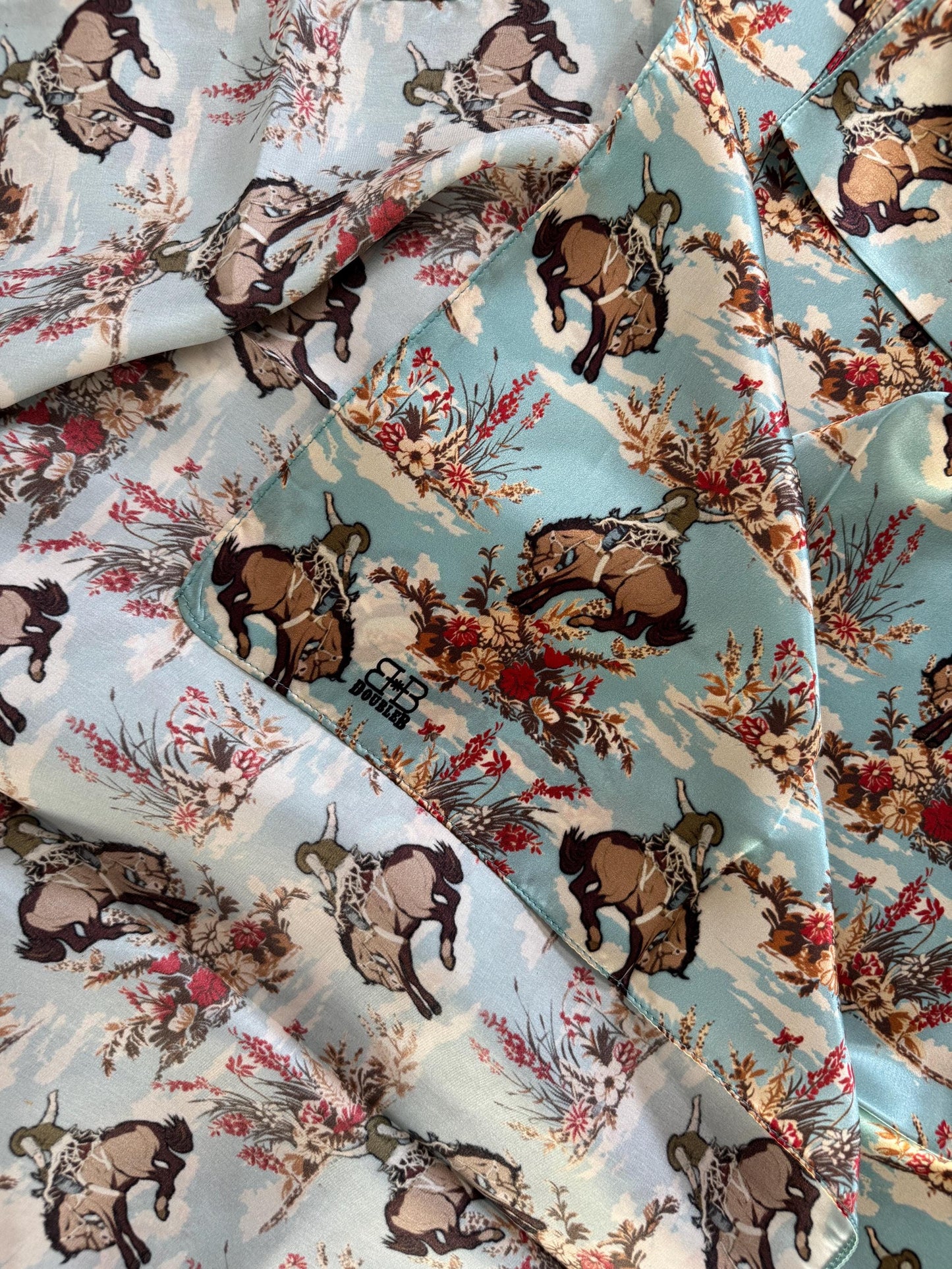 100% Silk Wild Rag Dusty Blue Cowboys and Floral by Double B Wild Rags